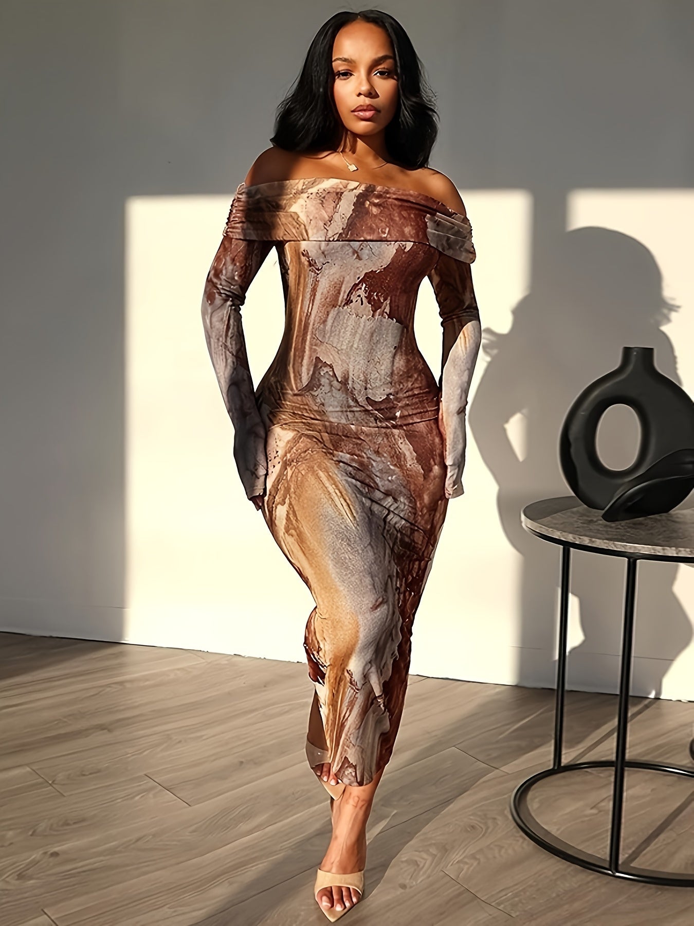 Tie Dye Off Shoulder Dress - Elegant Long Sleeve Bodycon Dress For Party & Club - Polyester - For Women - Suitable for Weddings, Engagements, Parties - Perfect Gift for Her